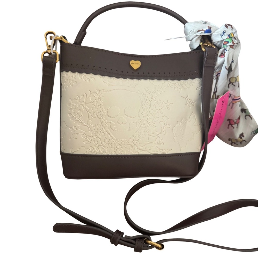 Betsey Johnson Cream Brown Leather Skull Embossed Horse Print Crossbody Bag NWT